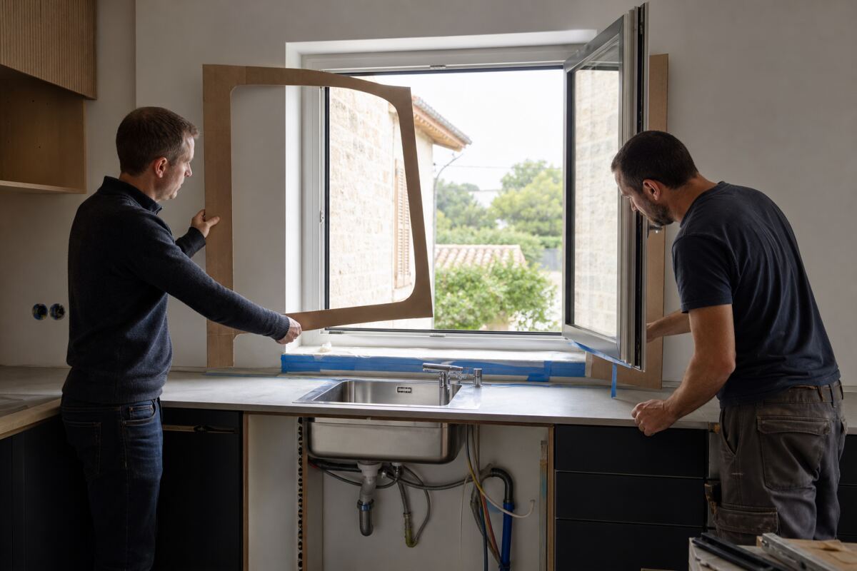 Évier placé devant une fenêtre : robinet, ouverture et protection du mur