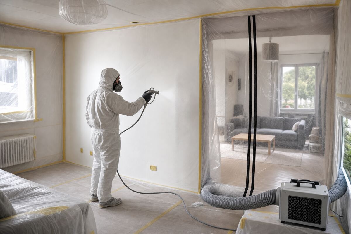 Peinture au pistolet dans un logement occupé : masquage, ventilation et brouillard