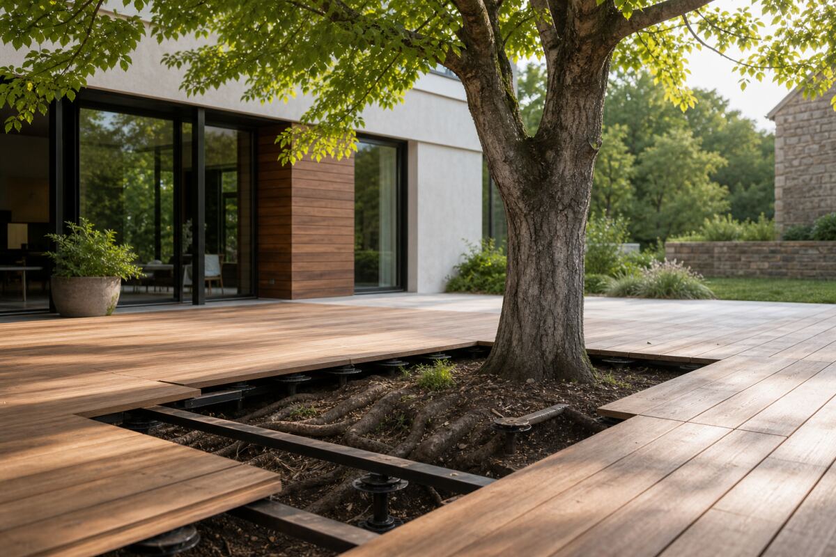 Terrasse près d’un arbre : protéger tronc et racines