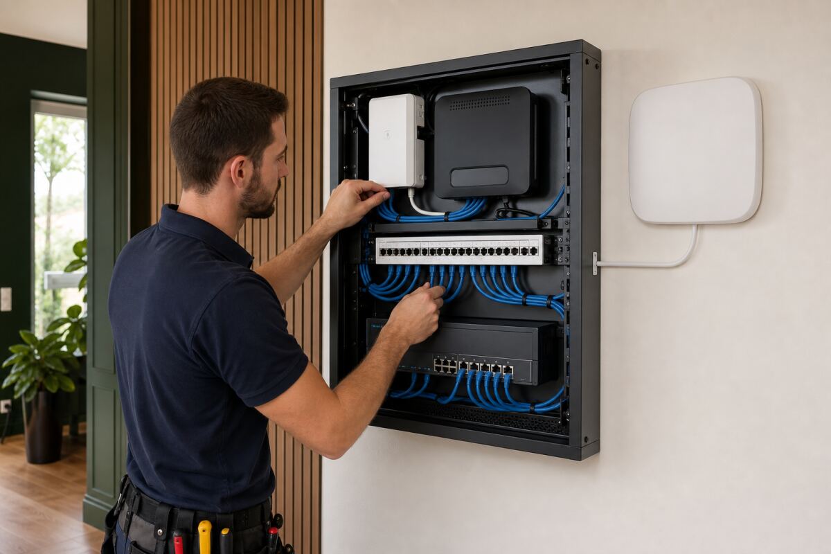 Coffret de communication : fibre, réseau et télévision