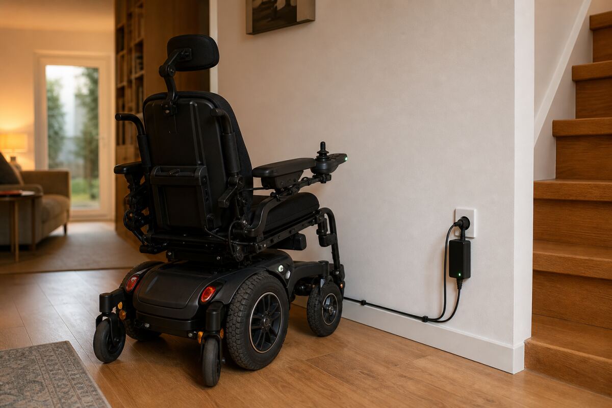 Recharge d’un fauteuil électrique à domicile : prise, ventilation et passage libre