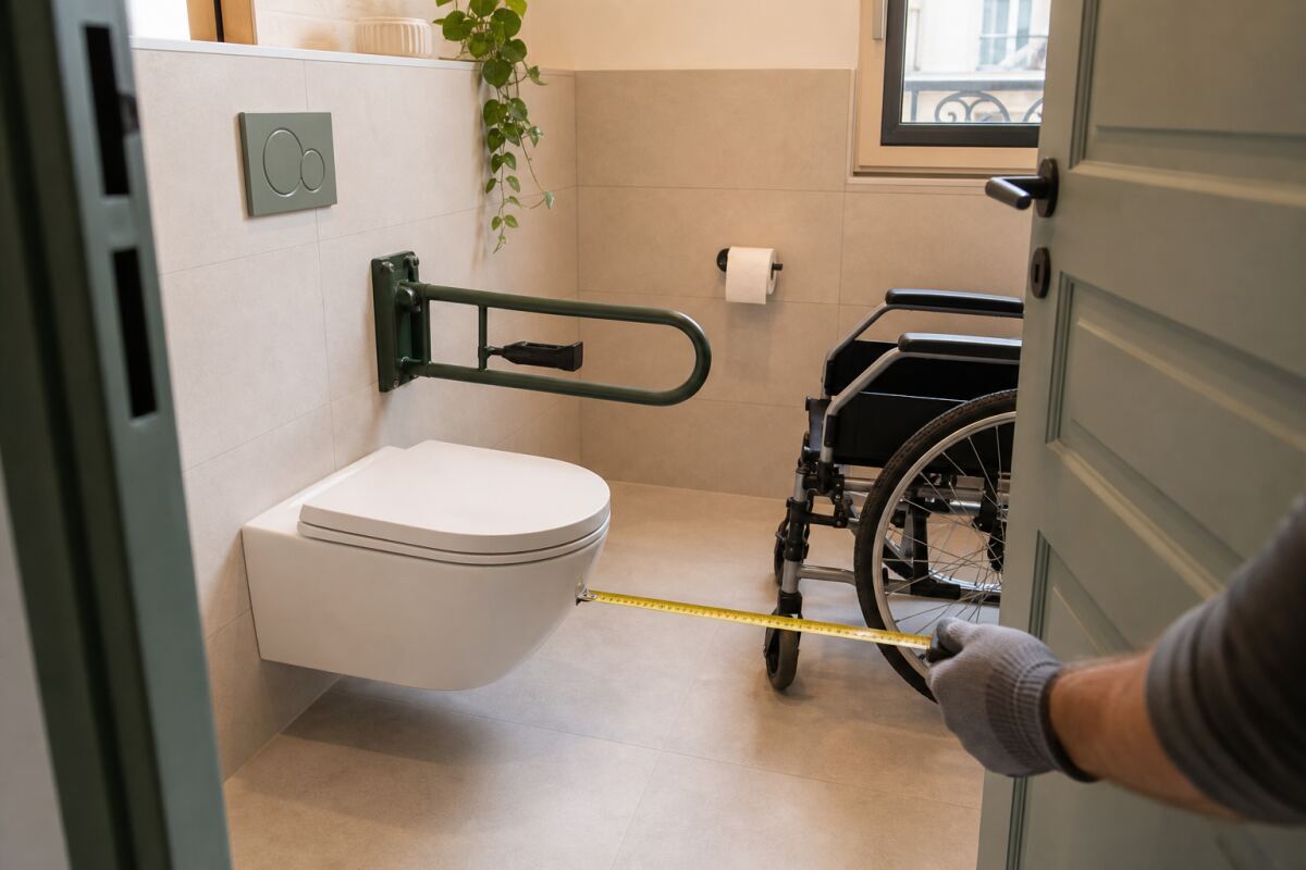 WC accessible : espace latéral, barre et porte