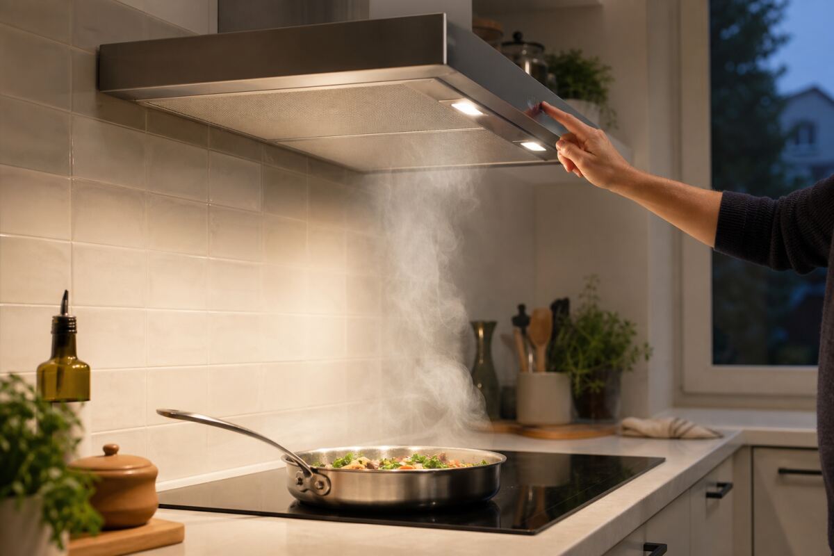 Particules fines produites en cuisine : captage, débit de hotte et gestes efficaces
