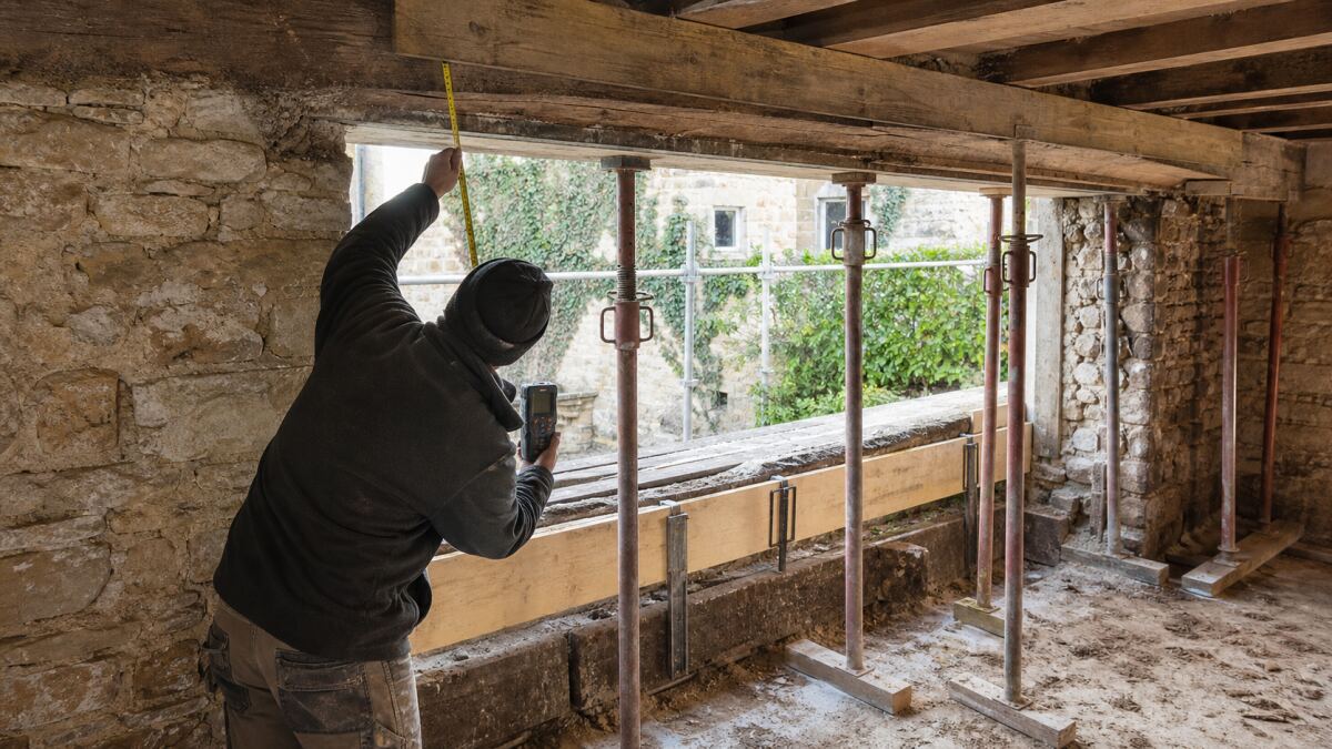 Linteau bois ancien : pourriture, flèche ou surcharge