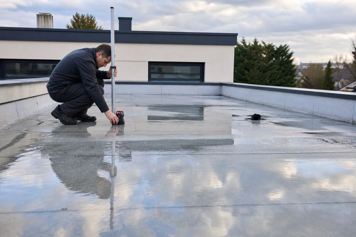 Eau stagnante sur un toit plat : mesurer les pentes avant de rajouter un revêtement