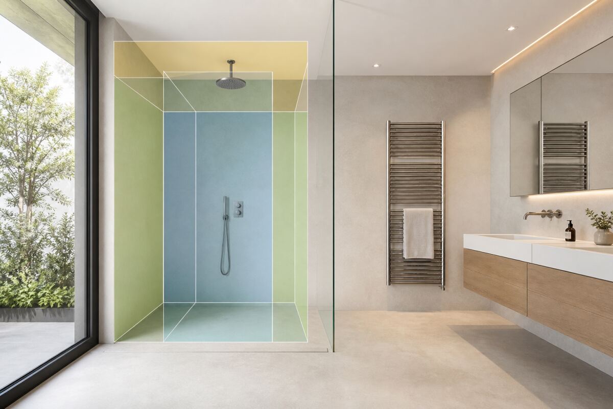 Électricité dans une salle de bain : lire les volumes autour d’une douche ouverte
