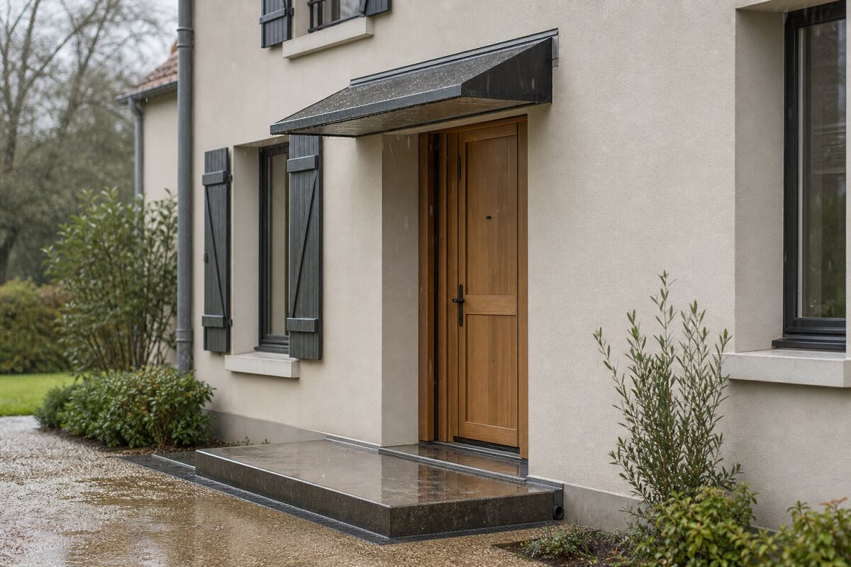 Porte exposée à la pluie : seuil, rejingot et auvent